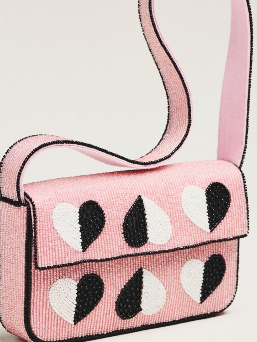 Anthropologie Pink Beaded Heart Bag with Black & White Accents